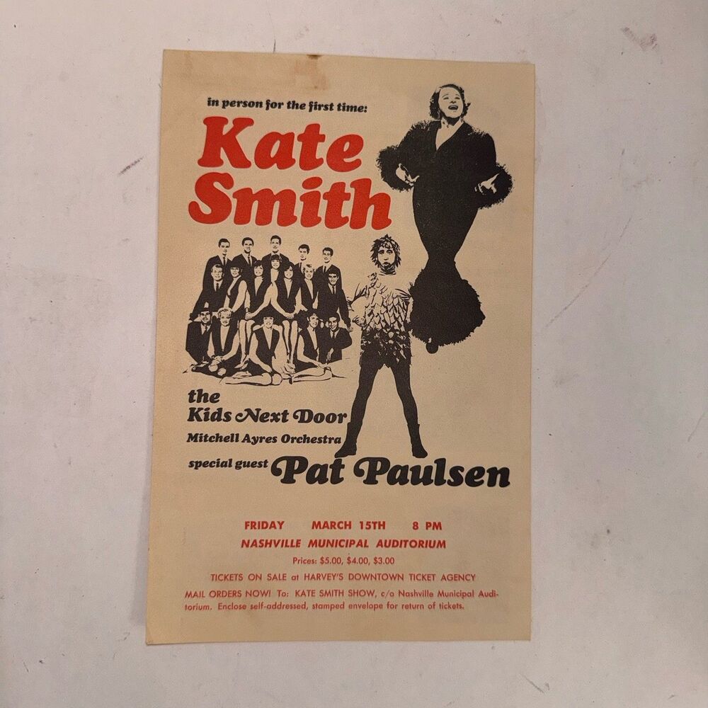 Kate Smith ESTATE Nashville Municipal Auditorium Concert Flyer Pat Paulsen 60s